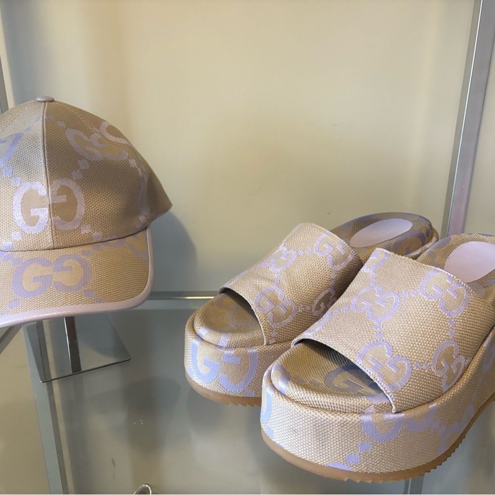 Gucci Jumbo GG Beige and Lavender Platform Wedges and matching baseball cap